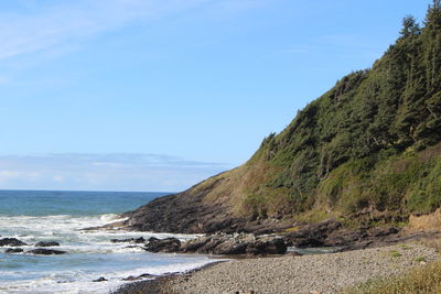 Scenic view of sea and mountains against sky