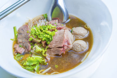 High angle view of soup in bowl on table