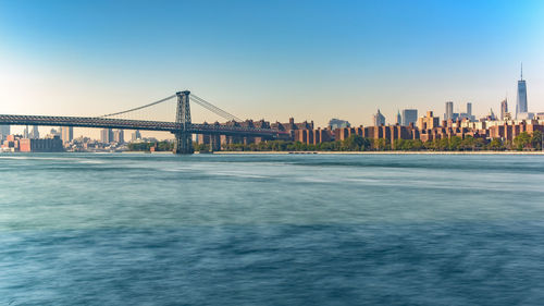 Bridge over river with cityscape in background