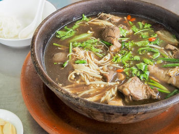 High angle view of soup in bowl on table