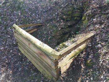 High angle view of abandoned boat in forest