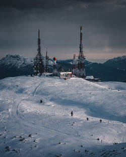 Snow covered land against sky