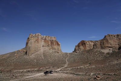 Scenic view of mountain against clear blue sky