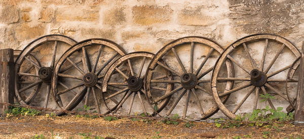 Old rusty wheel against wall