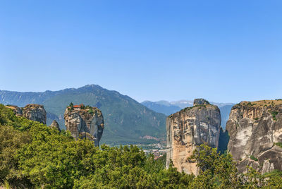 Plants growing on landscape against clear blue sky