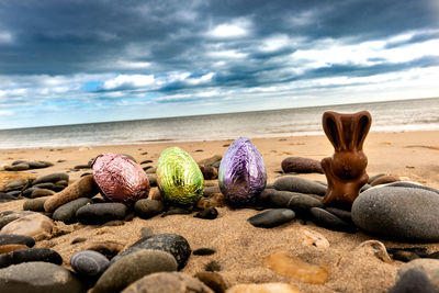 Surface level of pebbles on beach against sky