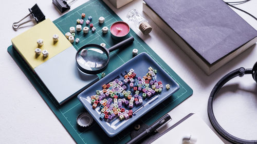High angle view of objects on table