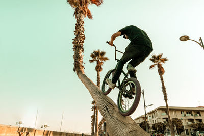 Low angle view of man riding bicycle against clear sky