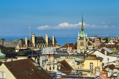 High angle view of buildings in city