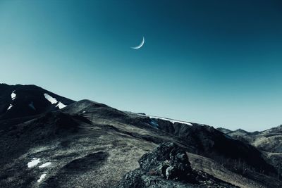 Scenic view of mountains against clear blue sky