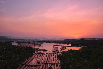 High angle view of river against sky during sunset