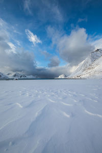 Snow covered landscape against sky