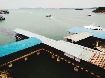 High angle view of boats moored in sea