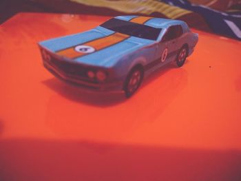 Close-up of vintage car on table