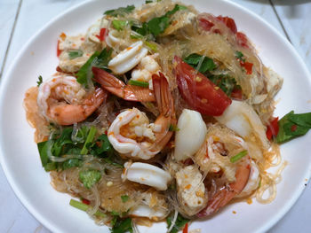 High angle view of seafood served in plate on table