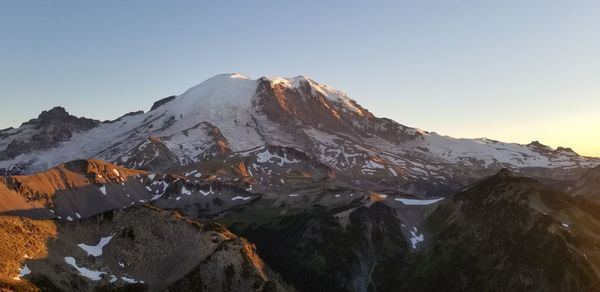 Scenic view of snowcapped mountains against clear sky