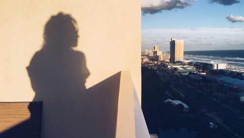 Shadow of man on city by sea against sky
