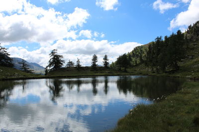 Scenic view of lake by trees against sky