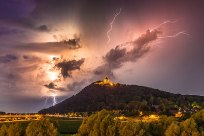 Panoramic view of building and mountains against sky during sunset