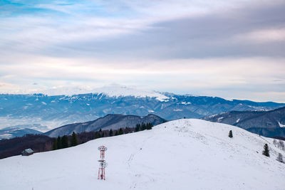 Scenic view of snow covered mountains against sky