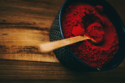 High angle view of meat in bowl on table