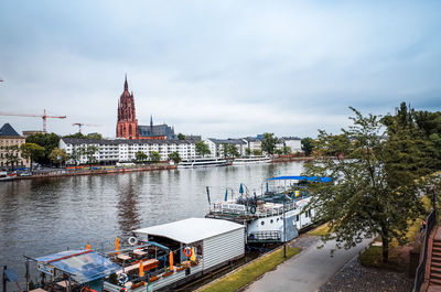 River in city against cloudy sky