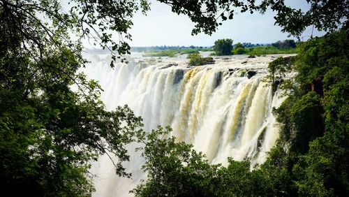 Scenic view of waterfall in forest against sky