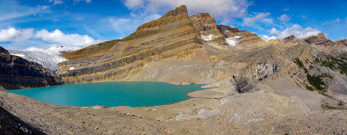 Panoramic view of snowcapped mountains against sky