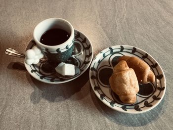 High angle view of breakfast served on table