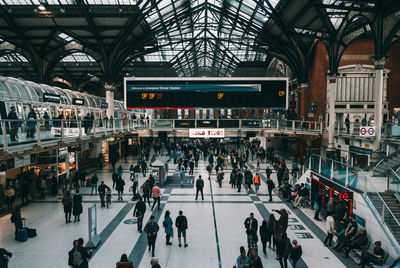 High angle view of people at railroad station