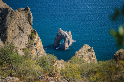 High angle view of rock formation in sea