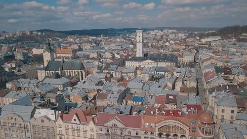 High angle view of buildings in city