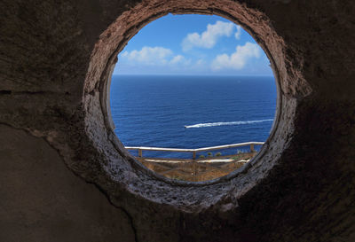 Scenic view of sea against sky seen through window