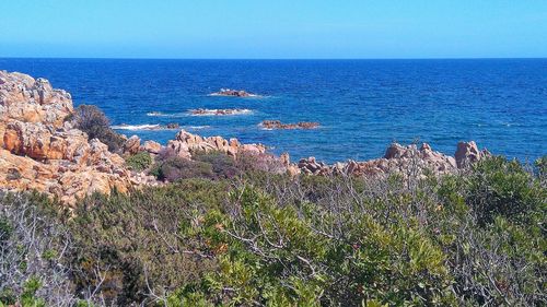 Scenic view of sea against clear blue sky