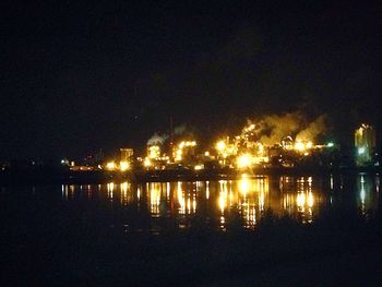 Reflection of illuminated buildings in water