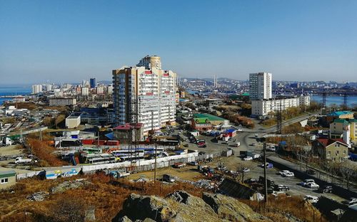 High angle view of buildings against clear sky