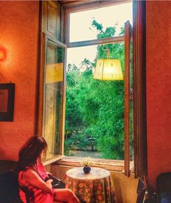 Rear view of woman standing in front of window