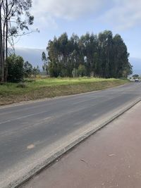 Empty road by trees against sky in city