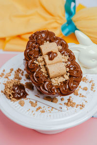 High angle view of dessert in plate on table