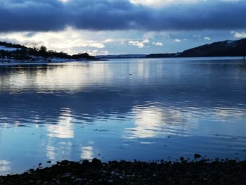 Scenic view of lake against sky at sunset