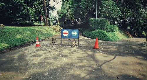 Road sign by trees