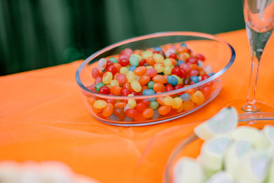 High angle view of ice cream in bowl on table