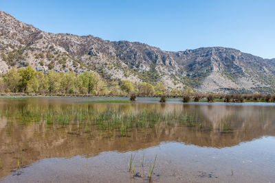 Scenic view of lake and mountains against clear sky