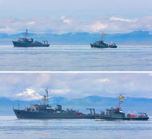 Ship sailing in sea against sky