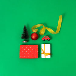 Directly above shot of gift box on blue background