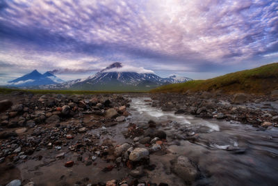 Scenic view of volcanic landscape against sky