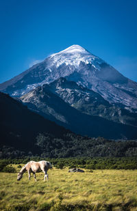 Scenic view of mountains against blue sky