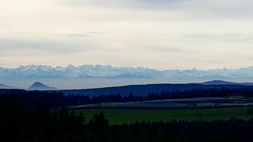 Scenic view of silhouette mountains against sky