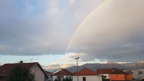 Rainbow over buildings in city against sky