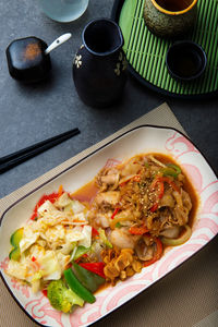 High angle view of meal served on table